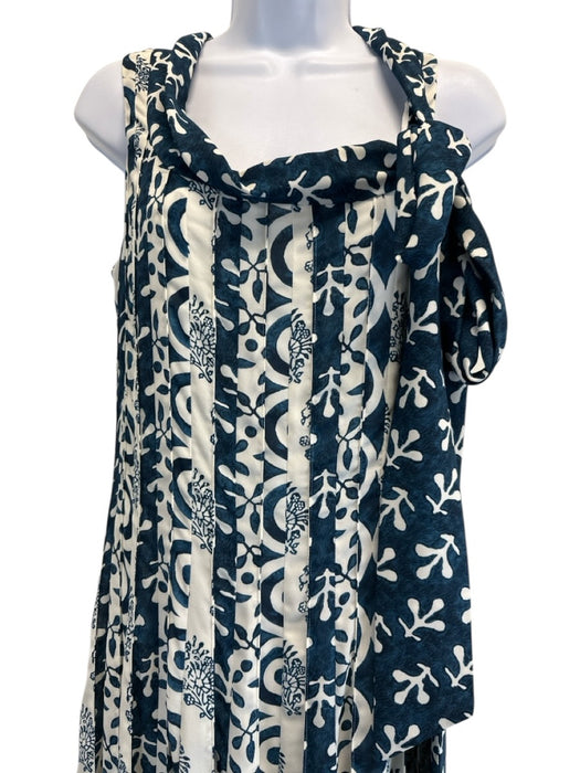Oscar de la Renta Size 10 Cream White & Navy Blue Polyester & Silk Pleated Dress Cream White & Navy Blue / 10