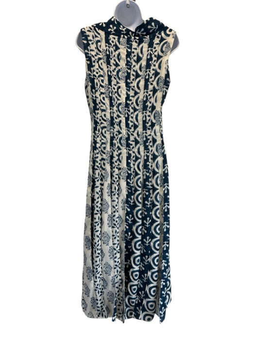 Oscar de la Renta Size 10 Cream White & Navy Blue Polyester & Silk Pleated Dress Cream White & Navy Blue / 10