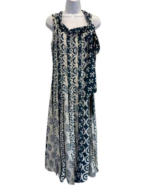 Oscar de la Renta Size 10 Cream White & Navy Blue Polyester & Silk Pleated Dress Cream White & Navy Blue / 10