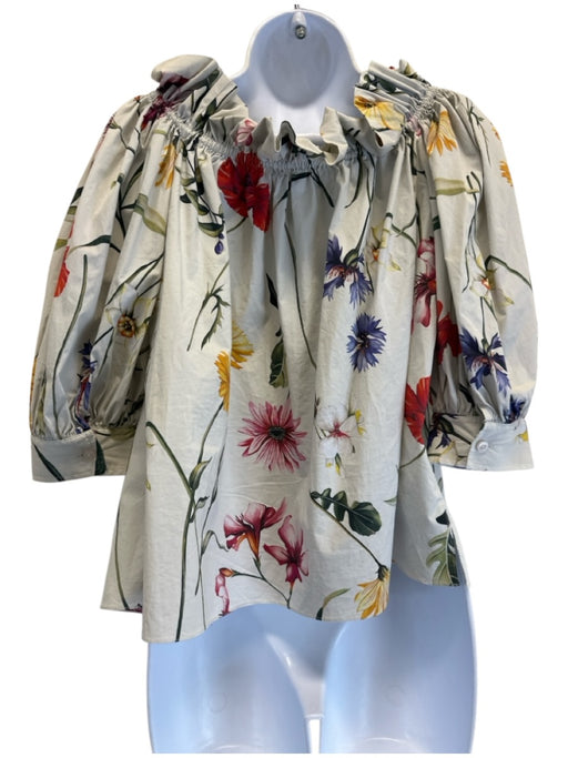 Oscar de la Renta Size 6 Cream Beige & Multi Cotton Blend Floral Gathered Top Cream Beige & Multi / 6