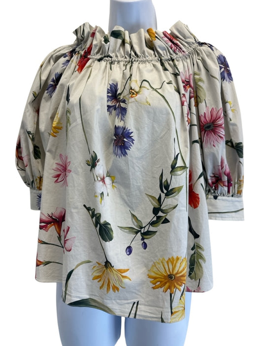 Oscar de la Renta Size 6 Cream Beige & Multi Cotton Blend Floral Gathered Top Cream Beige & Multi / 6