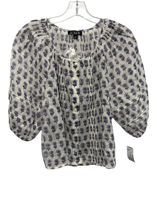 J. Crew Size S Cream Beige & Purple Ramie Floral Blocked Print Top Cream Beige & Purple / S