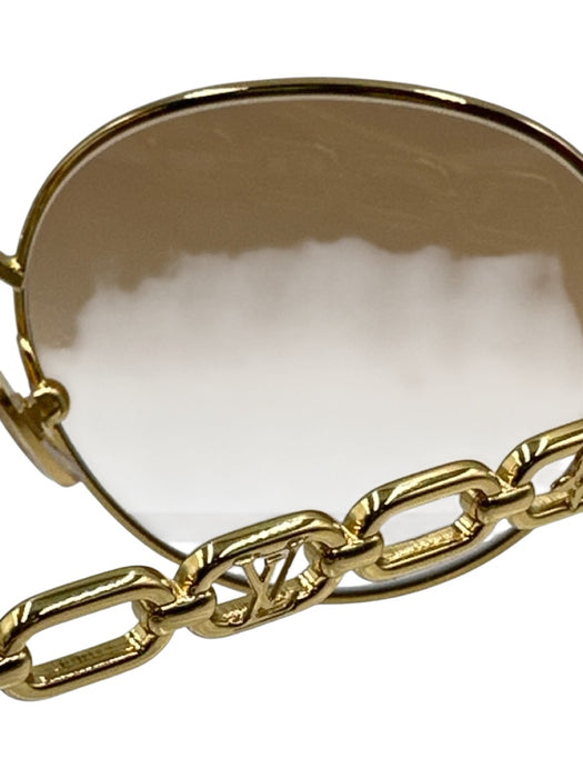 Louis Vuitton Gold Tone & Brown Metal Logo Chain Detail Round Sunglasses Gold Tone & Brown