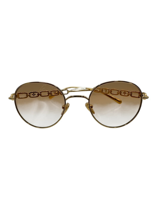 Louis Vuitton Gold Tone & Brown Metal Logo Chain Detail Round Sunglasses Gold Tone & Brown
