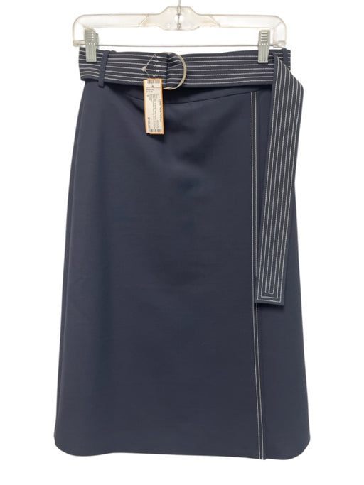 Partow Size 0 Navy Blue & White Wool Blend Contrast Stitch Pocketed Midi Skirt Navy Blue & White / 0