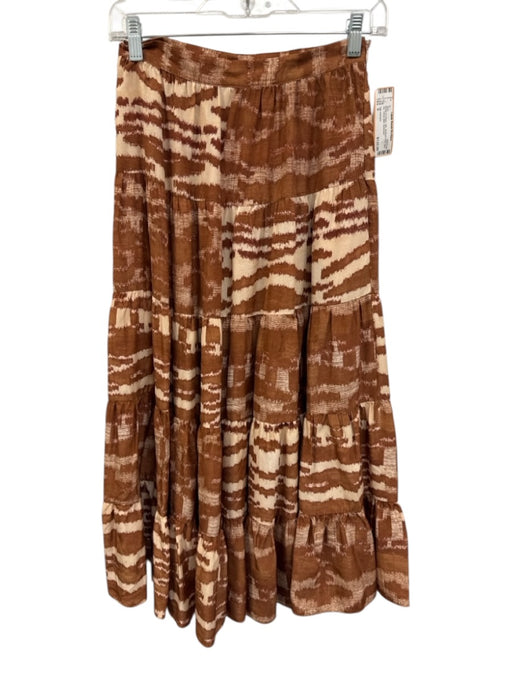 Ulla Johnson Size 0 Brown & Cream Silk Abstract Print Side Zip Tiered Midi Skirt Brown & Cream / 0