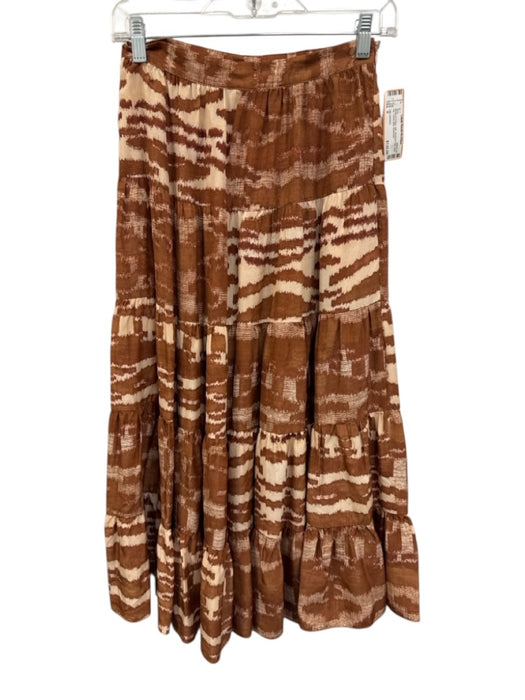 Ulla Johnson Size 0 Brown & Cream Silk Abstract Print Side Zip Tiered Midi Skirt Brown & Cream / 0