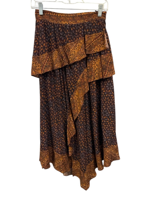 Ulla Johnson Size 0 Brown & Purple Silk Abstract Print Side Zip Ruffle Skirt Brown & Purple / 0
