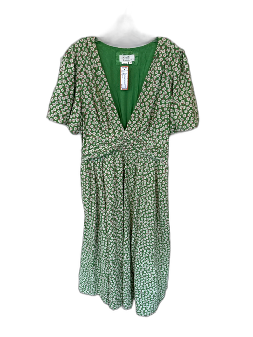 Anthropologie Size 16 Green & Pink Cotton V Neck Scrunched Button Down Dress Green & Pink / 16