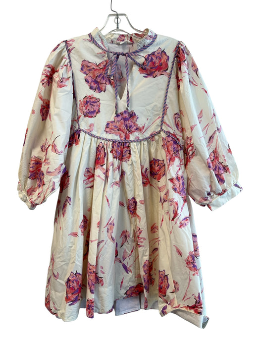 Entro Size S Pink & White Cotton Floral Half Sleeve Neck Tie Above Knee Dress Pink & White / S