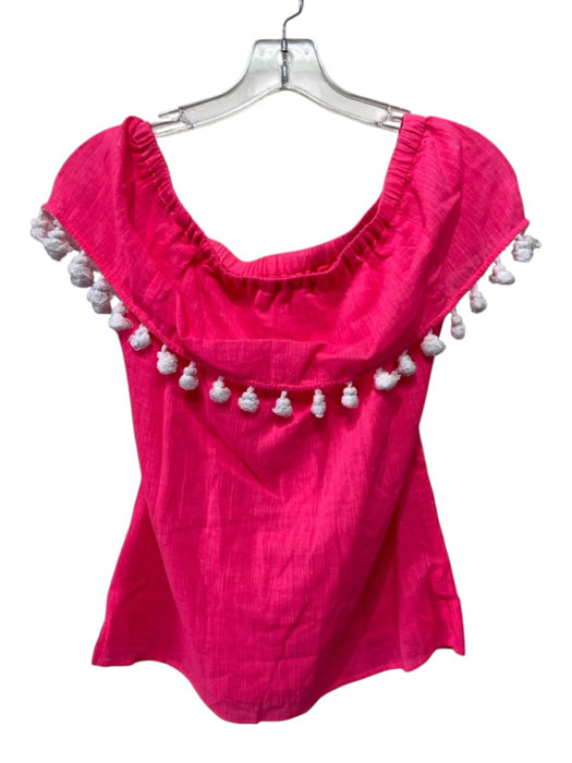 Sail To Sable Size XS Neon Pink & White Cotton Pom Pom Trim Split Hem Top Neon Pink & White / XS