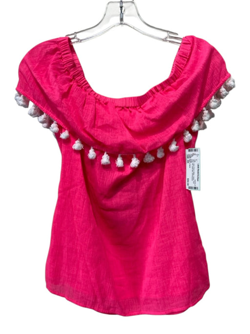 Sail To Sable Size XS Neon Pink & White Cotton Pom Pom Trim Split Hem Top Neon Pink & White / XS