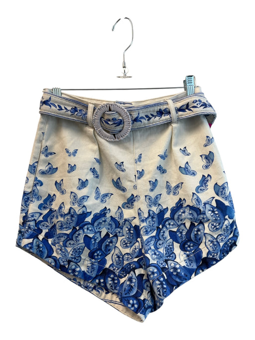 Farm Size Est S/M White & Blue Cotton Back Zip Belt Floral Pockets Shorts White & Blue / Est S/M