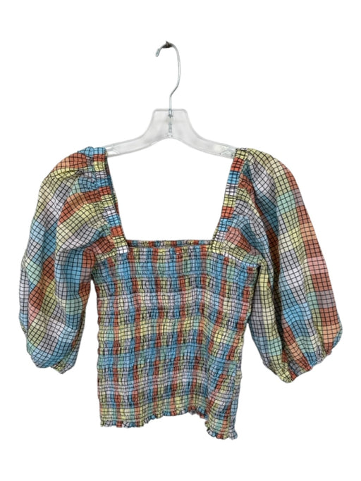 Ganni Size 36 Multi Cotton Blend Short Balloon Sleeve Grid Smocked Side Zip Top Multi / 36