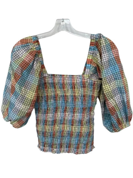 Ganni Size 36 Multi Cotton Blend Short Balloon Sleeve Grid Smocked Side Zip Top Multi / 36