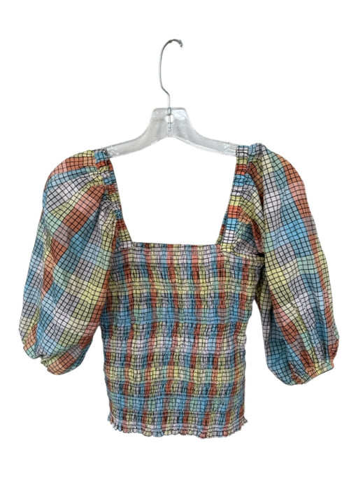 Ganni Size 36 Multi Cotton Blend Short Balloon Sleeve Grid Smocked Side Zip Top Multi / 36