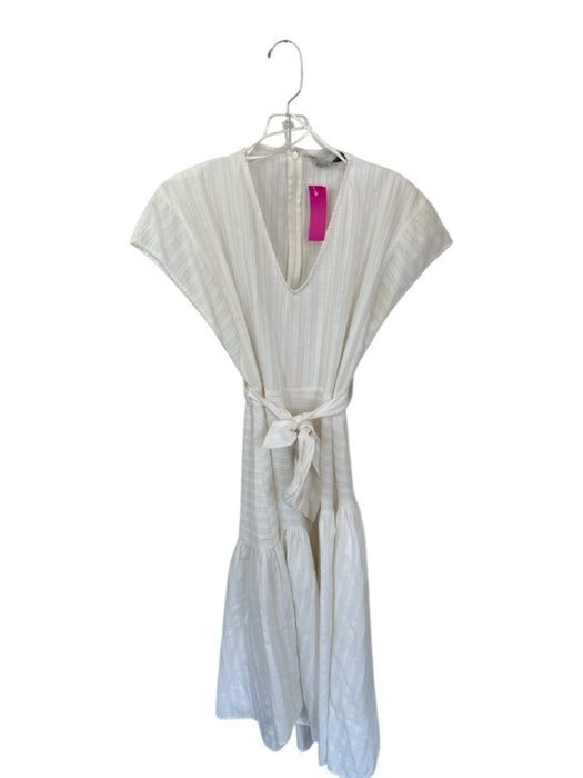 Zara Size Est S Cream Cotton Short Sleeve Striped Textured Back Zip Dress Cream / Est S