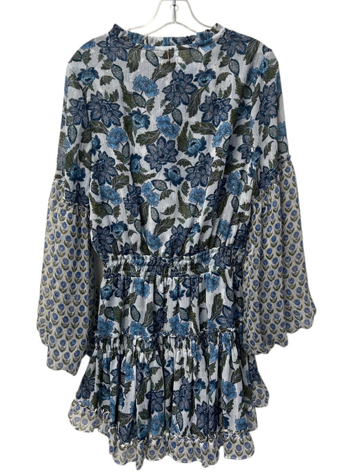 Misa Size M Blue & White Polyester Balloon Sleeve Tie Front Tiered Dress Blue & White / M