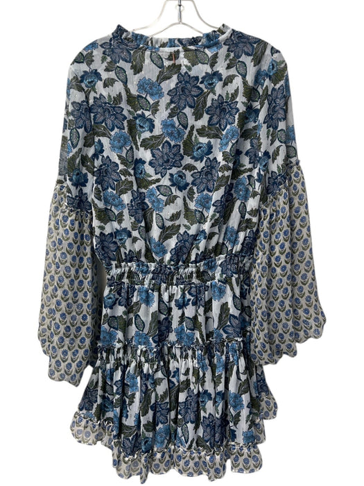 Misa Size M Blue & White Polyester Balloon Sleeve Tie Front Tiered Dress Blue & White / M