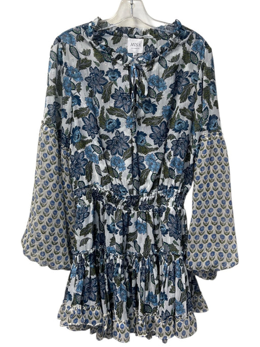 Misa Size M Blue & White Polyester Balloon Sleeve Tie Front Tiered Dress Blue & White / M