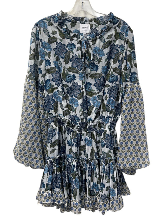 Misa Size M Blue & White Polyester Balloon Sleeve Tie Front Tiered Dress Blue & White / M