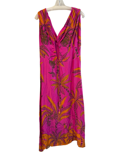 Farm Rio Size L Pink & Orange Cotton Short Sleeve Floral Print V Neck Dress Pink & Orange / L
