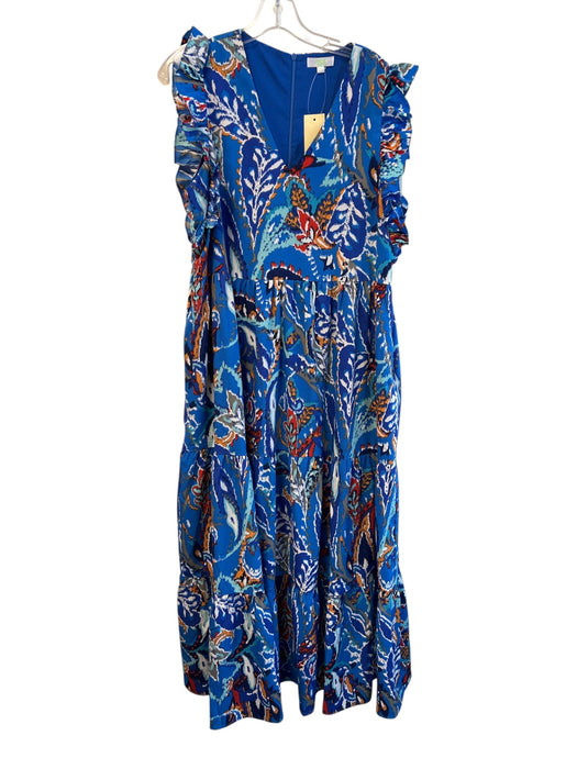 Adea Size L Blue & Multi Polyester Ruffle Sleeves Abstract Floral V Neck Dress Blue & Multi / L