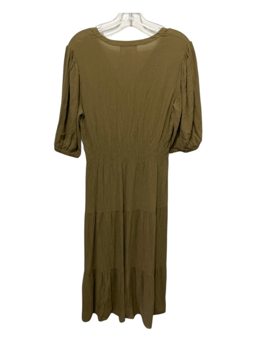 Ba&sh Size 2 Khaki Viscose Tiered Split V neckline 3/4 Puff Sleeve Midi Dress Khaki / 2
