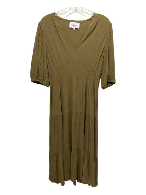 Ba&sh Size 2 Khaki Viscose Tiered Split V neckline 3/4 Puff Sleeve Midi Dress Khaki / 2