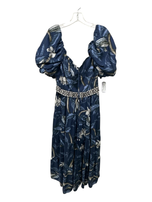 Johanna Ortiz Size 8 Blue & Multi Polyester Puff Shoulder Botanical Print Dress Blue & Multi / 8