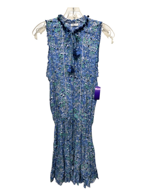 Poupette St. Barth Size S/M Blue Viscose Tassel Ties Sleeveless V Neck Dress Blue / S/M