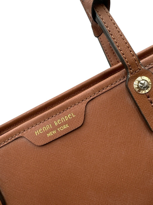Henri Bendel Brown Saffiano Leather Open Top Gold Tone Hardware Two Handle Bag Brown