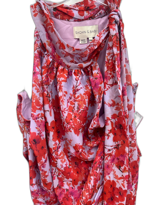 Sachin & Babi Size 20W Purple & Red Polyester Floral High Neck Tie Detail Gown Purple & Red / 20W