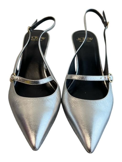 J Crew Shoe Size 9 Silver Leather Pointed Toe 1 strap Mid Heel Slingback Shoes Silver / 9