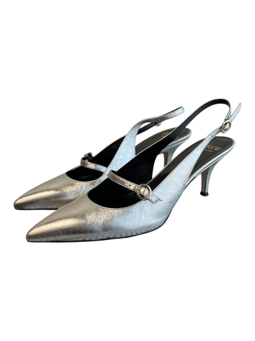 J Crew Shoe Size 9 Silver Leather Pointed Toe 1 strap Mid Heel Slingback Shoes Silver / 9