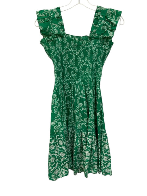 Ro's Garden Size XS Green & White Cotton Sleeveless Floral Ruffle Detail Dress Green & White / XS