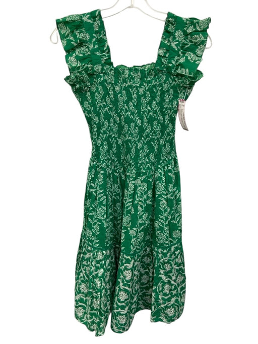 Ro's Garden Size XS Green & White Cotton Sleeveless Floral Ruffle Detail Dress Green & White / XS