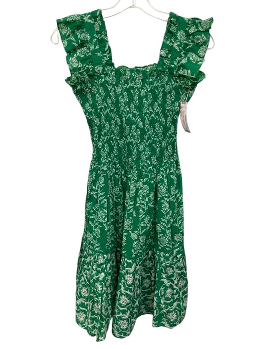Ro's Garden Size XS Green & White Cotton Sleeveless Floral Ruffle Detail Dress Green & White / XS