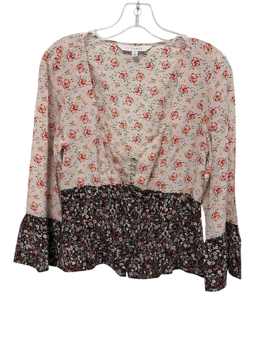 Intermix Size 8 Beige, Red, Black Silk 3/4 Sleeve Floral Print Color Block Top Beige, Red, Black / 8