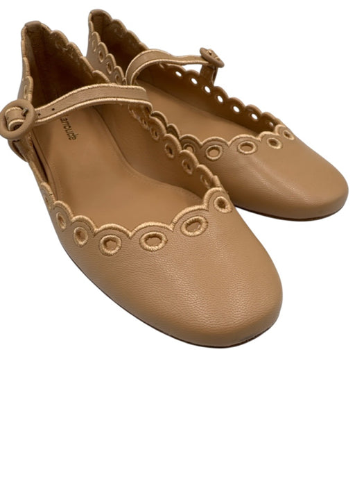 Larroude Shoe Size 9 Light Brown Leather Mary Jane Eyelet Ballet Scallop Flats Light Brown / 9