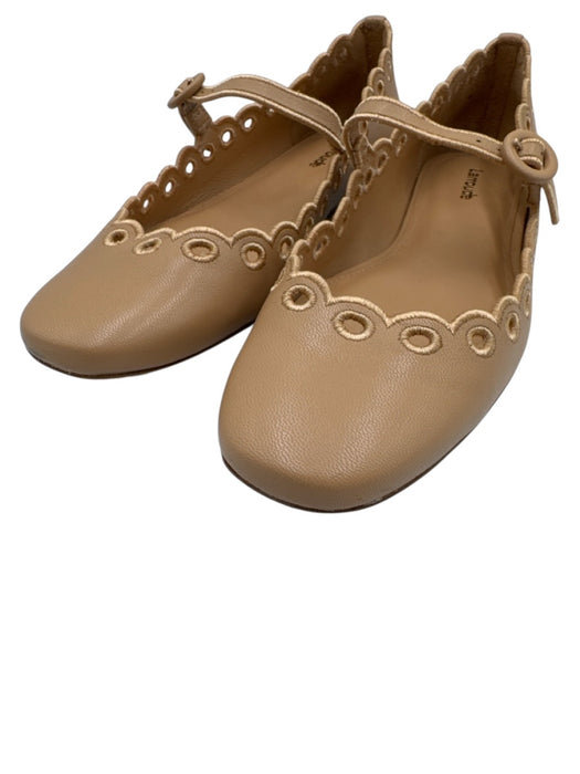 Larroude Shoe Size 9 Light Brown Leather Mary Jane Eyelet Ballet Scallop Flats Light Brown / 9