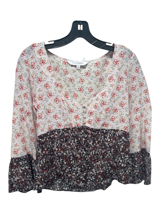Intermix Size 8 Pink & Black Silk Floral color block Button Detail Top Pink & Black / 8