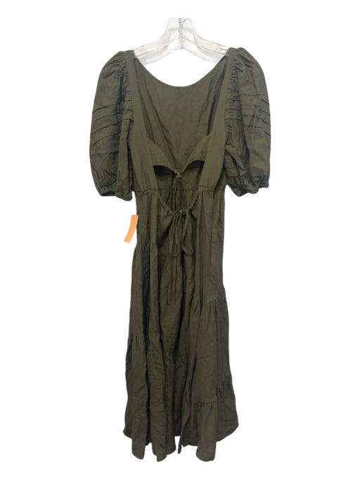 Shona Joy Size 4 Dark Green Linen & Viscose Tiered Puff Shoulder Tie Back Dress Dark Green / 4