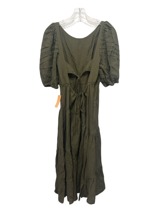 Shona Joy Size 4 Dark Green Linen & Viscose Tiered Puff Shoulder Tie Back Dress Dark Green / 4