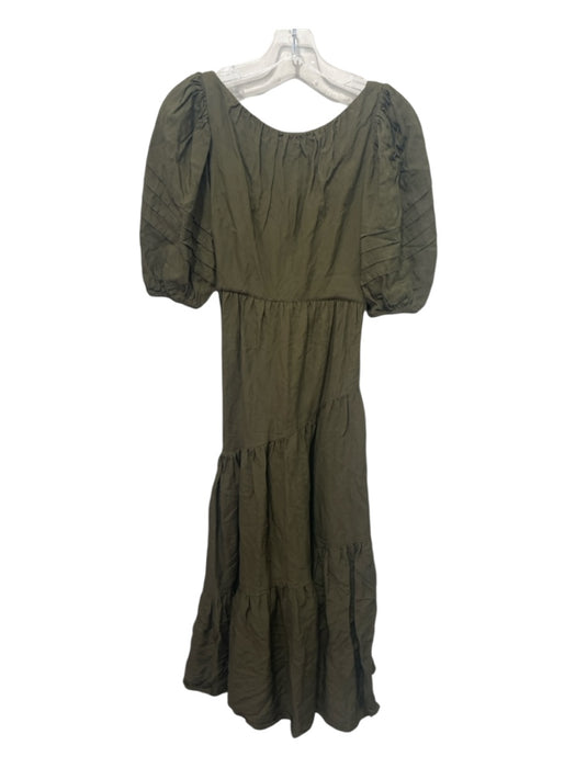 Shona Joy Size 4 Dark Green Linen & Viscose Tiered Puff Shoulder Tie Back Dress Dark Green / 4