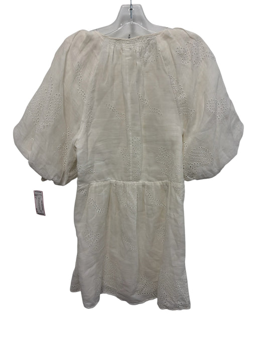 Frame Size S White Ramie Short Puff Sleeve Floral Eyelet Zip Pocket Mini Dress White / S