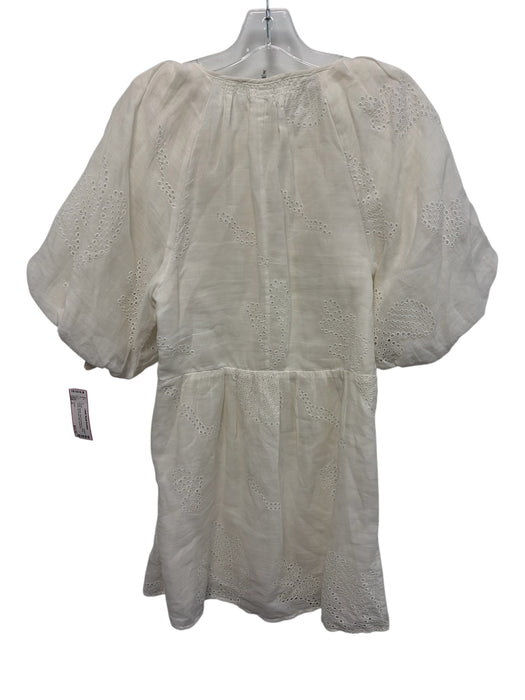 Frame Size S White Ramie Short Puff Sleeve Floral Eyelet Zip Pocket Mini Dress White / S