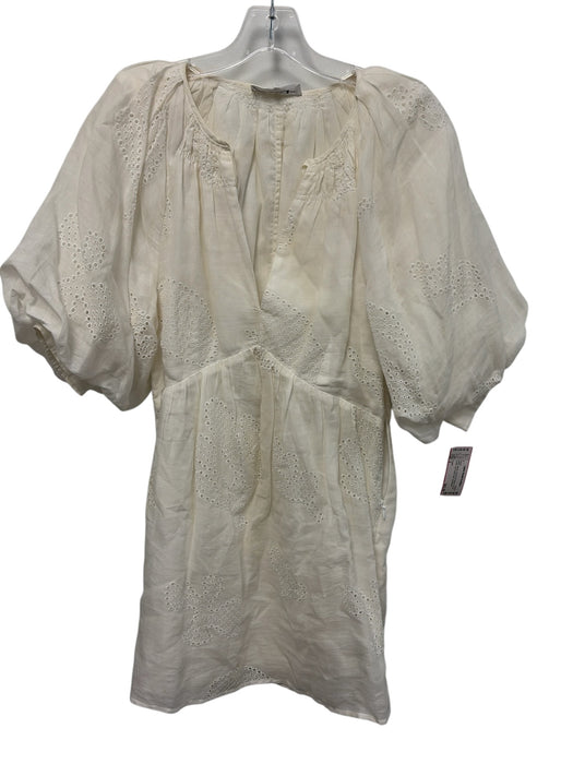 Frame Size S White Ramie Short Puff Sleeve Floral Eyelet Zip Pocket Mini Dress White / S
