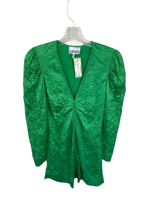 Ganni Size 34 Green Polyester V Neck Long Sleeve Mini Dress Green / 34