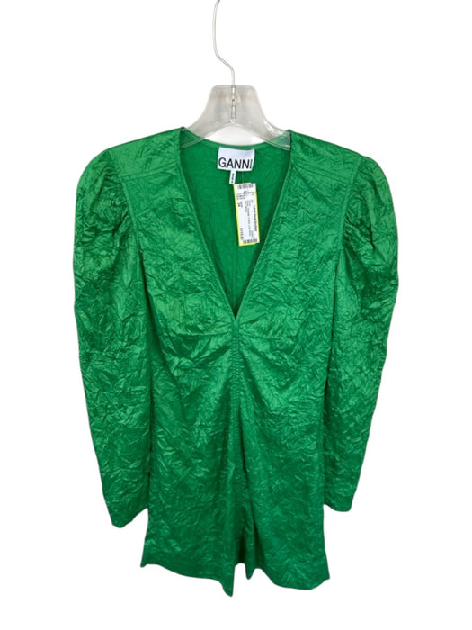 Ganni Size 34 Green Polyester V Neck Long Sleeve Mini Dress Green / 34